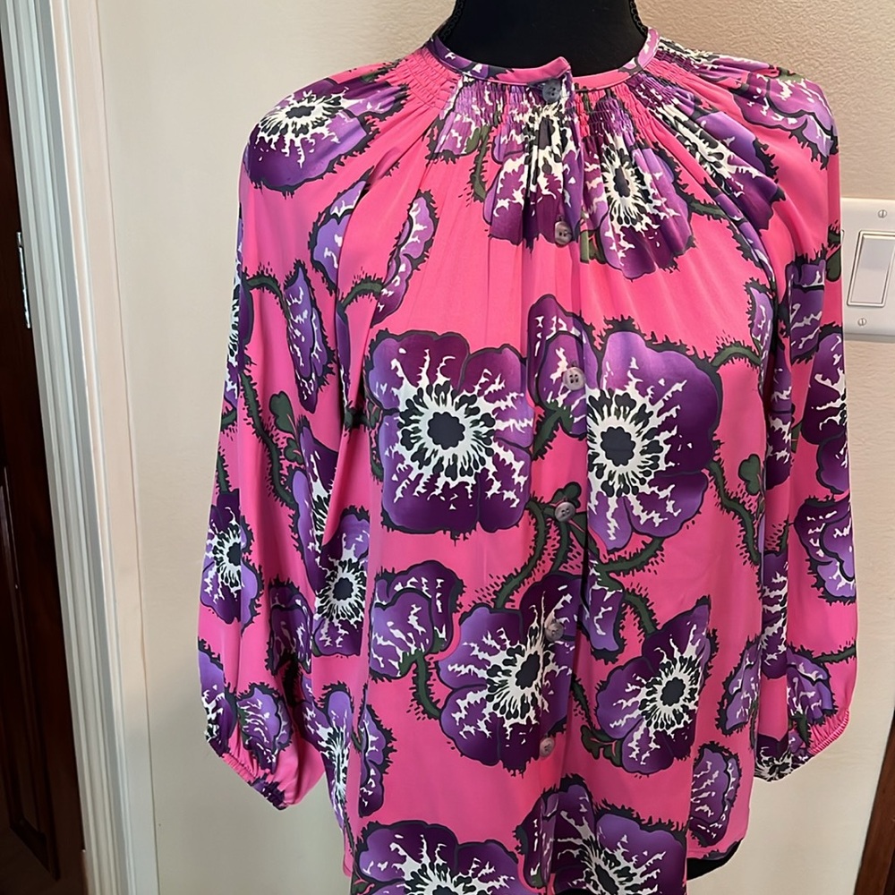 Tucker silk classic blouse pink and purple poppy S/M